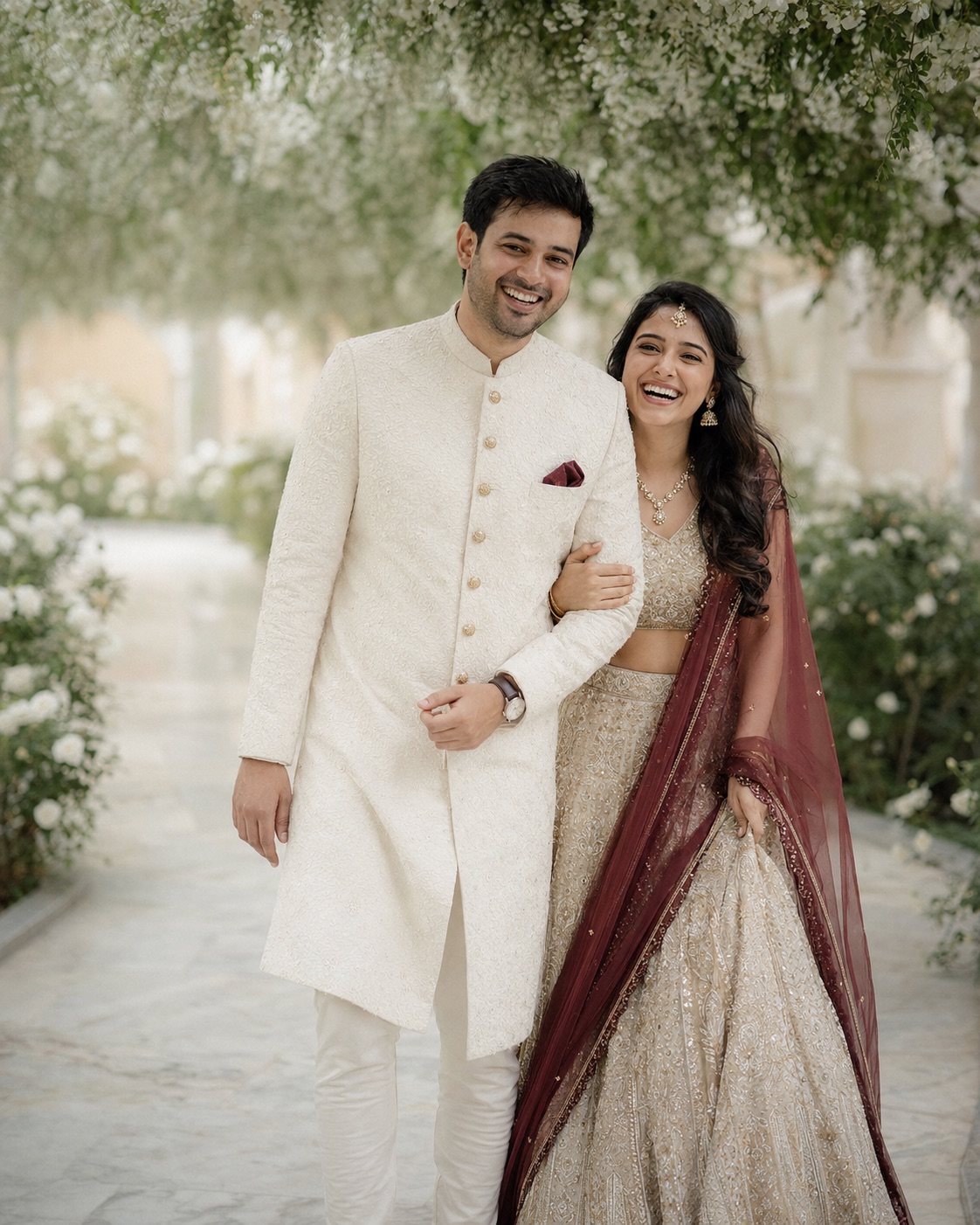 A newly married couple laughing together at their wedding