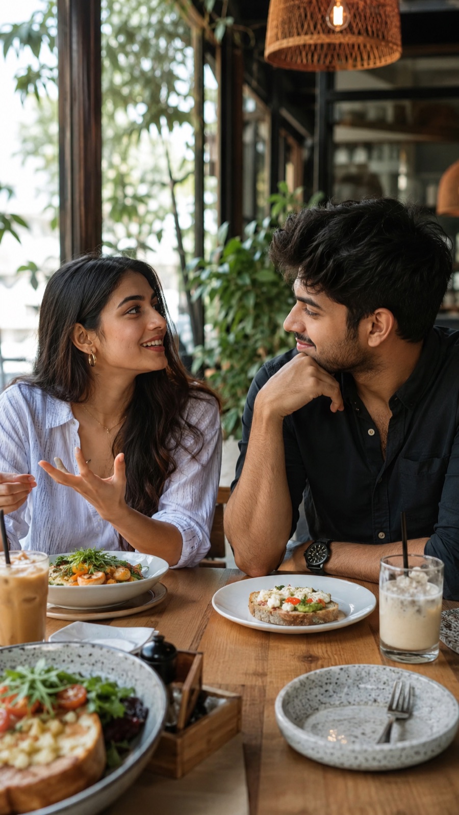 A couple deep in conversation over lunch at a cafe
